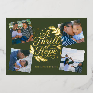 A Thrill of Hope Green Religious 4 Photo Collage Foil Holiday Card