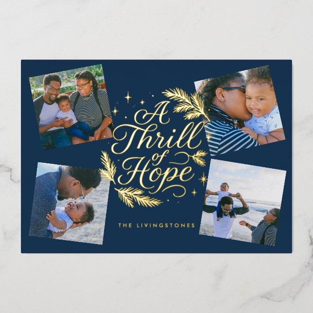 A Thrill of Hope Navy Religious 4 Photo Collage Foil Holiday Card (Front)