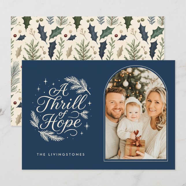 A Thrill of Hope Navy Religious Arch Photo Holiday Card (Front/Back)