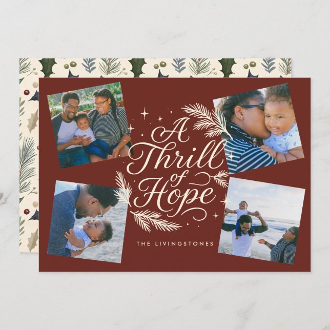 A Thrill of Hope Red Religious 4 Photo Collage Holiday Card (Front/Back)