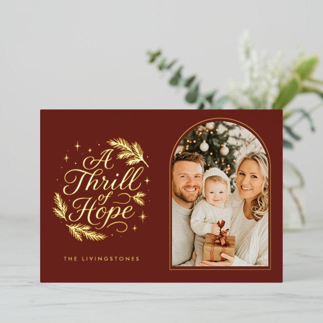 A Thrill of Hope Red Religious Arch Photo Foil Holiday Card (Standing Front)