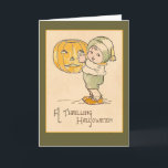 A Thrilling Halloween Vintage Art Card<br><div class="desc">A truly adorable vintage illustration of a small child and a large jack o lantern. Text reads A Thrilling Halloween. Customise and personalise these cards any way you like. Use the simple CUSTOMIZE button just beneath the image, to add text or add colour to the cards. Cards are available in...</div>