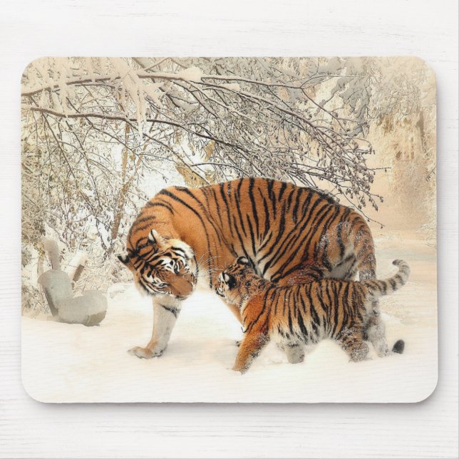 A Tiger And A cub In The Snowy Forest Mousepad (Front)