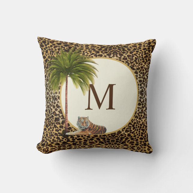 A tiger on a leopard pattern background Monogram Cushion (Front)