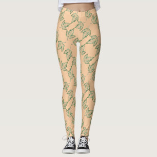 A tiled image of a maple leaf in green on buff leggings