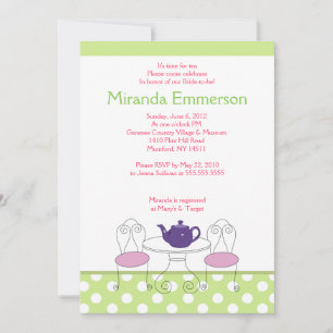 A Time for Tea Green Dot & Pink Bridal Shower 5x7 Invitation