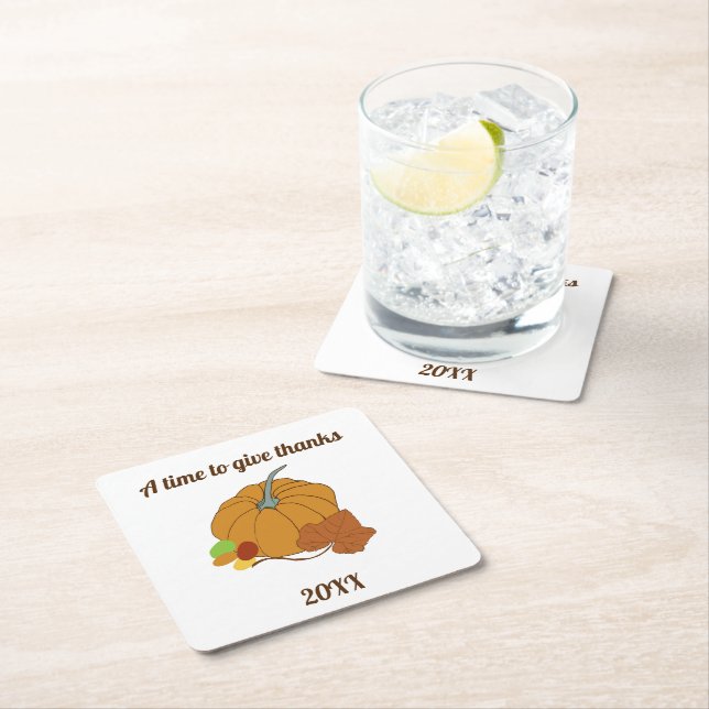 A time to give thanks pumpkin and leaf candy square paper coaster (Insitu)