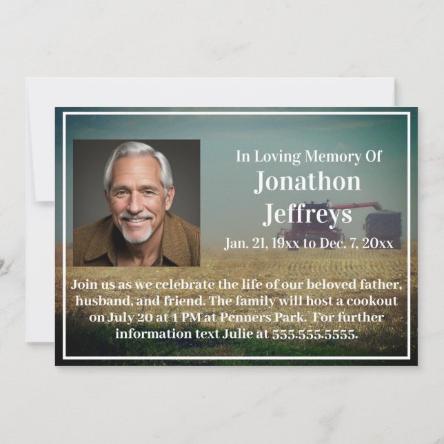 "A Time to Reap" Combines in Field Farmer Memorial Invitation (Back)