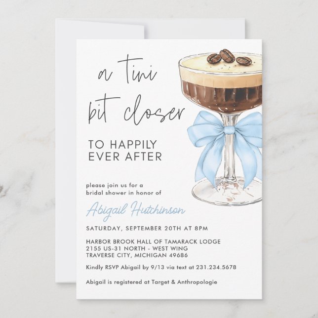 A Tini Bit Closer Bow Espresso Martini Bridal Invitation (Front)