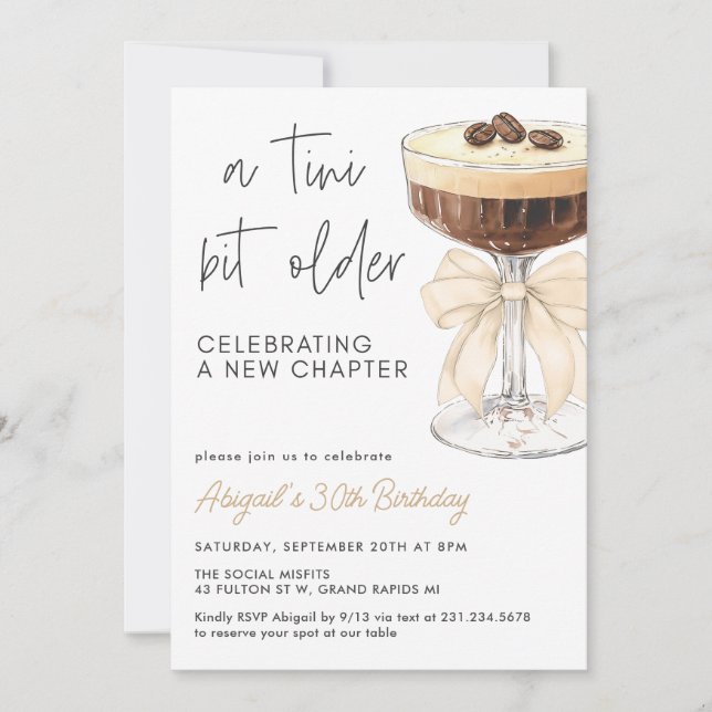 A Tini Bit Older - Beige Bow Espresso Martini Invitation (Front)