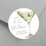 A Tini Bit Older Martini Birthday Classic Round Sticker<br><div class="desc">Tini Bit Older Birthday Round Sticker. This playful round sticker features a watercolor green martini glass with olives on the right side, paired with the phrase “A Tini Bit Older” at the top in stylish handwritten script for a fun, cheeky vibe. The birthday person's name and age are displayed at...</div>