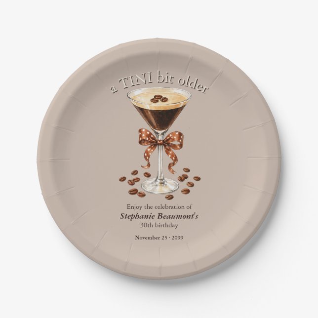 A Tini Bit Older Martini Espresso Brown Bow 30th Paper Plate (Front)