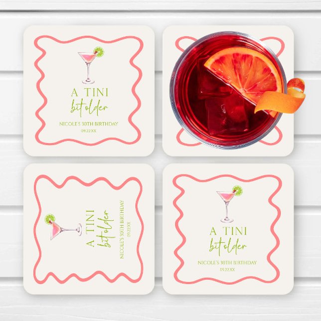 A Tini Bit Older Pink Cosmo Martini Birthday Party Square Paper Coaster (Creator Uploaded)