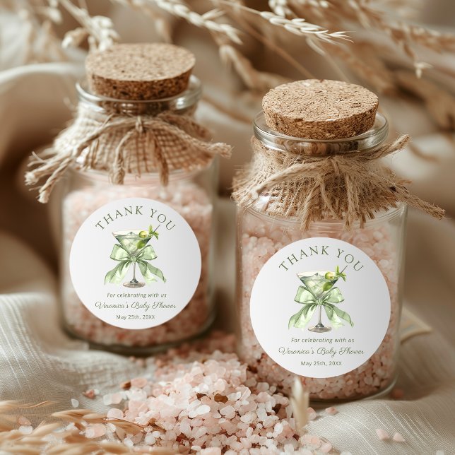 A tini Martini Sage Baby Shower Thank you Sticker (A tini one is on the way Sage green martini coquette bow baby shower Thank you stickers)