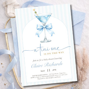 A Tini One Blue Bow Stripes Boy Baby Shower Arched Invitation