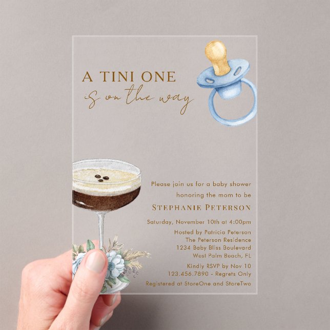 A Tini One Blue Paci Espresso Martini Baby Shower Acrylic Invitations (Insitu (Handheld))