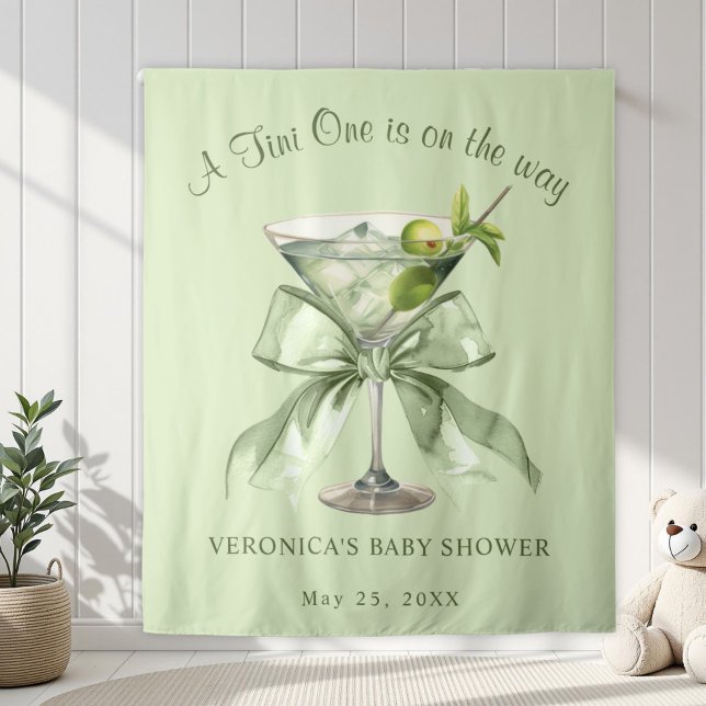 A tini One is on the Way Bow Martini Baby Shower Tapestry (A tini One is on the way Sage Green Coquette Martinit baby Shower Backdrop)
