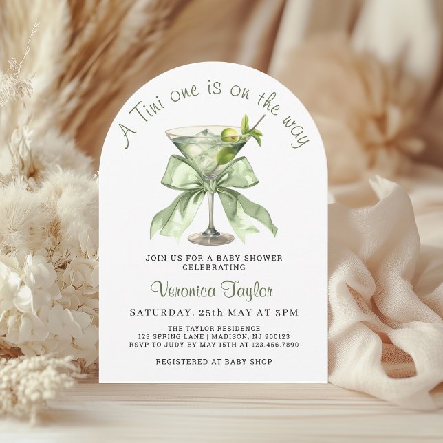 A Tini One Is On the Way Martini Baby Shower  Invitation (A tini is on the way Martinit Baby shower sage green invitation)