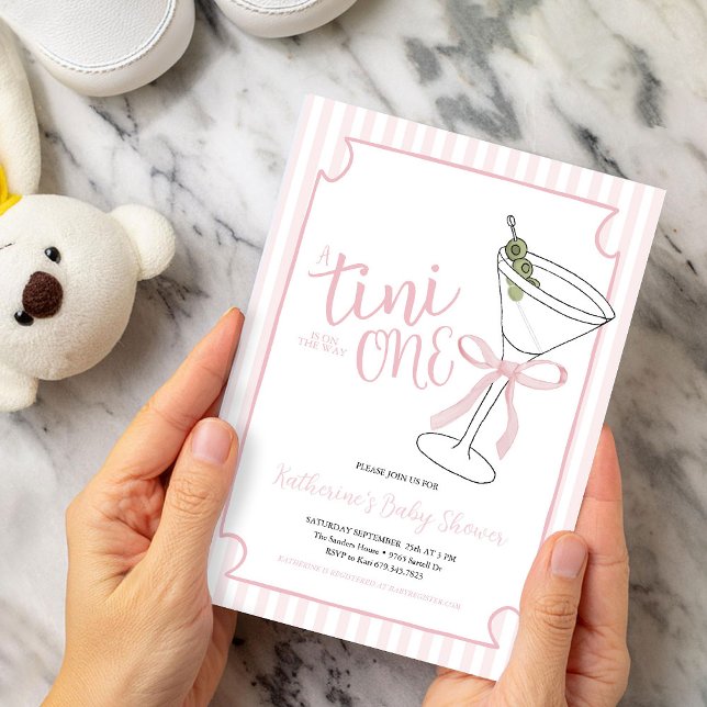 A Tini One Is on the Way Pink Stripes Baby Shower Invitation (Creator Uploaded)