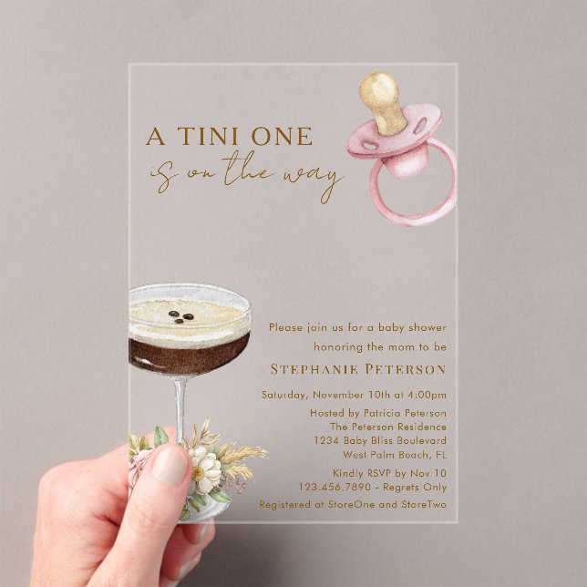 A Tini One Pink Paci Espresso Martini Baby Shower Acrylic Invitations (Insitu (Handheld))