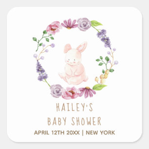 A Tiny Bunny Easter Floral Wreath Baby Shower Square Sticker