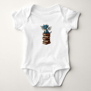 A tiny dragon with oversized eyes, sitting on a st baby bodysuit