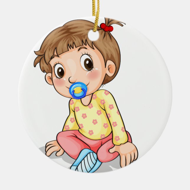A toddler with a pacifier ceramic tree decoration (Front)