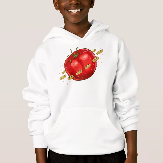 A tomato planet with pizzas surrounding him (Front)