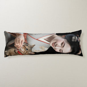 A Tortoiseshell Cat Receiving Treats from a Maiko Body Cushion