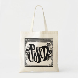 A tote bag with black-coloured fonts on it