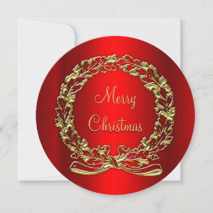A Touch of Elegance Gold Wreath on Red Christmas Holiday Card