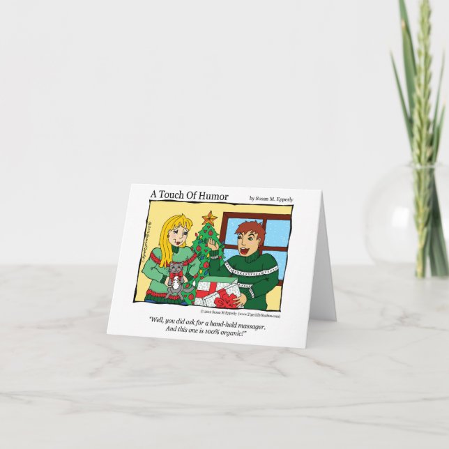 "A Touch of Humor" Hand Held Massager / Cat Comic Holiday Card (Front)