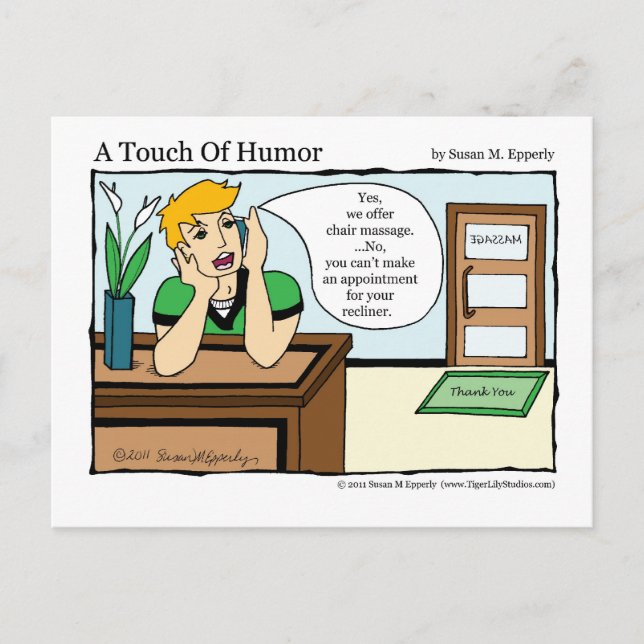 "A Touch of Humour" Chair Massage Comic Post Card (Front)
