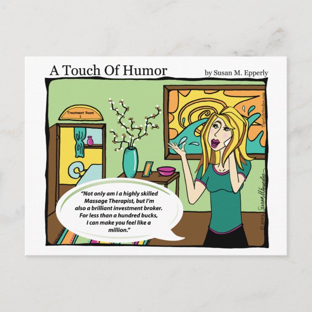 "A Touch of Humour" Investment Broker Massage Comi Postcard (Front)