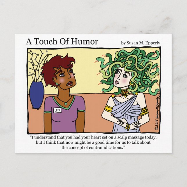 "A Touch of Humour" Medusa Massage Comic Postcard (Front)