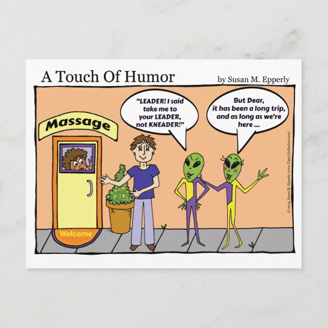"A Touch of Humour" Space Aliens Massage Comic Postcard (Front)