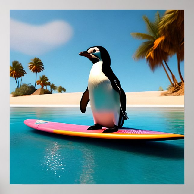 A Touch of Tropical Charm Surfing Penguin Paradise Poster (Front)
