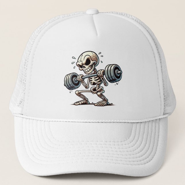 A tough skeleton working out  trucker hat (Front)