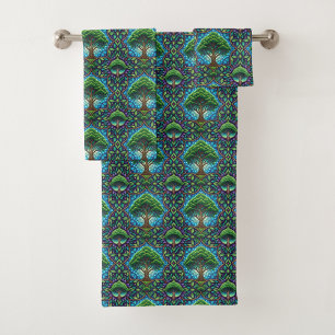 A towel and washcloth set featuring a vibrant 