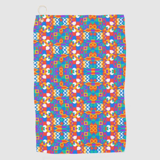 A towel with a vibrant colourful geometric pattern (Front)