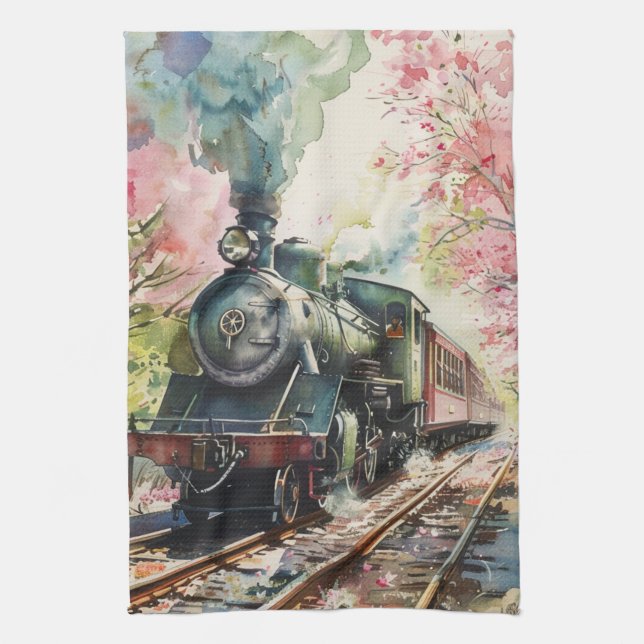 A Train in Springtime Tea Towel (Vertical)