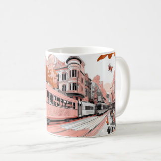 A tram in a retro illustration style, reminiscent  coffee mug