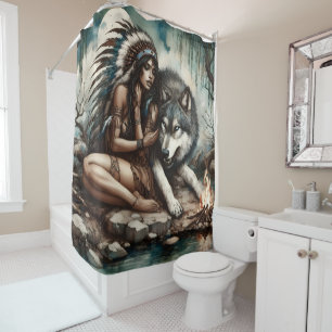 A tranquil bond between a native Indian and a wolf Shower Curtain
