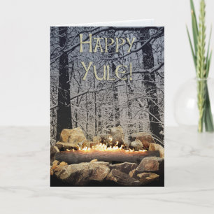 A Tranquil Burning Yule Log in a Snowy Forest Holiday Card