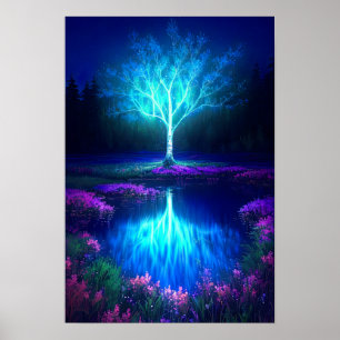 A Tree in Blue Amidst the Night Poster