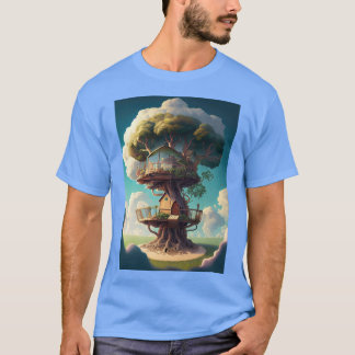 a treehouse set in the clouds on a sunny day surre T-Shirt
