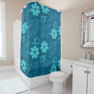 A Trendy Cyan Colour Flowers Design Shower Curtain