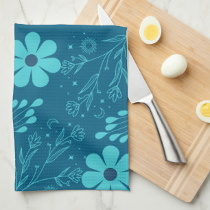 A Trendy Cyan Colour Flowers Design Tea Towel