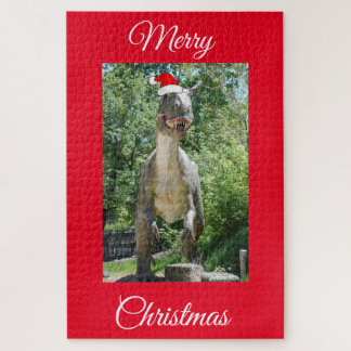 A TREX Dinosaur wearing a Santa Claus Hat Jigsaw Puzzle