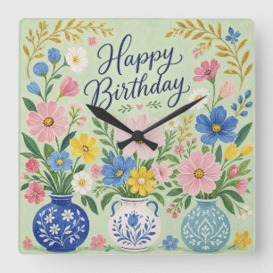 A Trio of Birthday Blooms Square Wall Clock